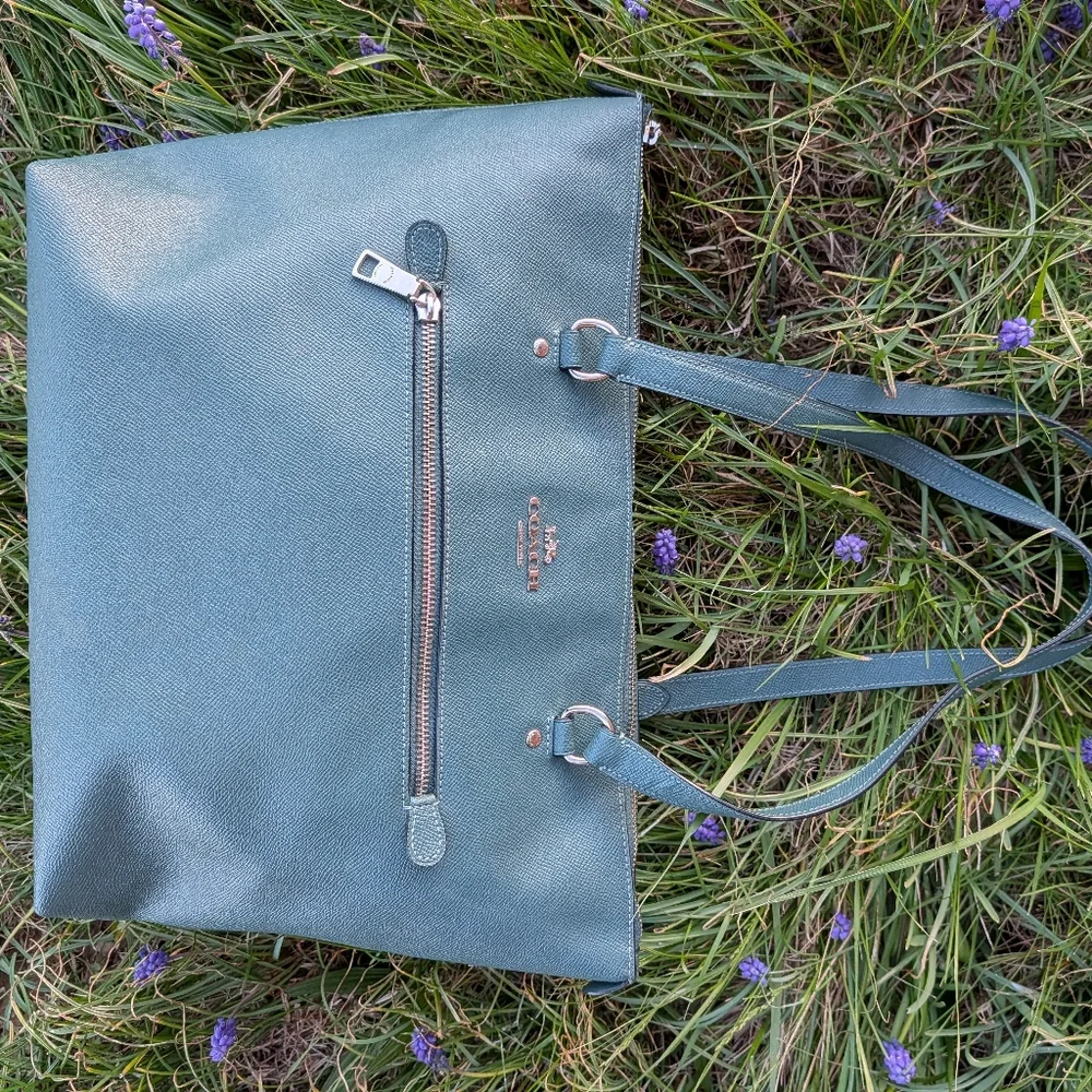 🥰EUC Coach #79608 Zip Top Teal Saffiano Leather Oversized Shoulder Tote Bag - Picture 14 of 16